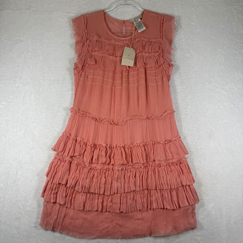 Paul & Joe Sister Carmella Ruffled Tiered Mini Dress Coral Pink Size 42 NWT